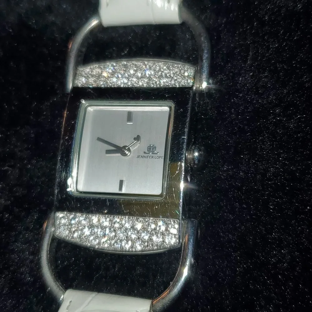 JLo Jennifer Lopez Crystal‎ Embellished Bling Iced Out Watch White Croc Band